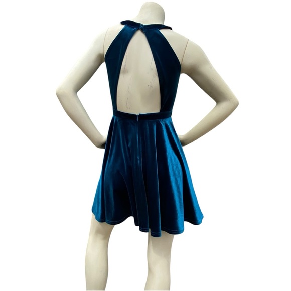 ALTAR’D STATE Deep Teal Blue Velvet Sleeveless Halter Cut Out Pleated Mini Dress - Picture 5 of 16